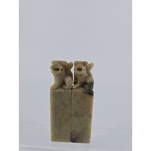 Vtg 1960s Pair of Chinese Soapstone Foo Dog Hand Carved Chop Seal 4in Statues